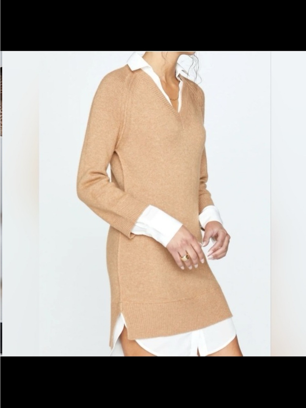Women's Camel V-Neck Tunic Sweater